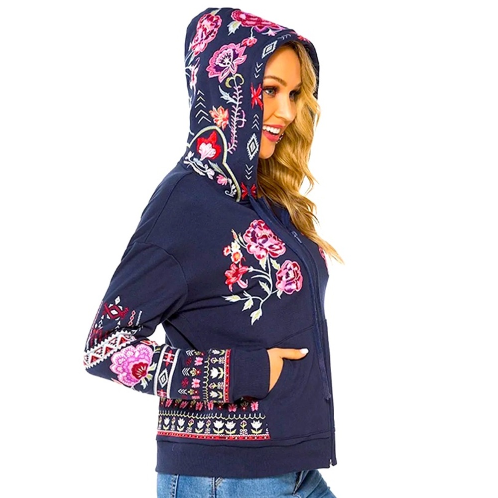 Floral Embroidery Navy Blue Boho Long Sleeves Sweatshirt Hooded Jackets, S - Picture 2 of 16